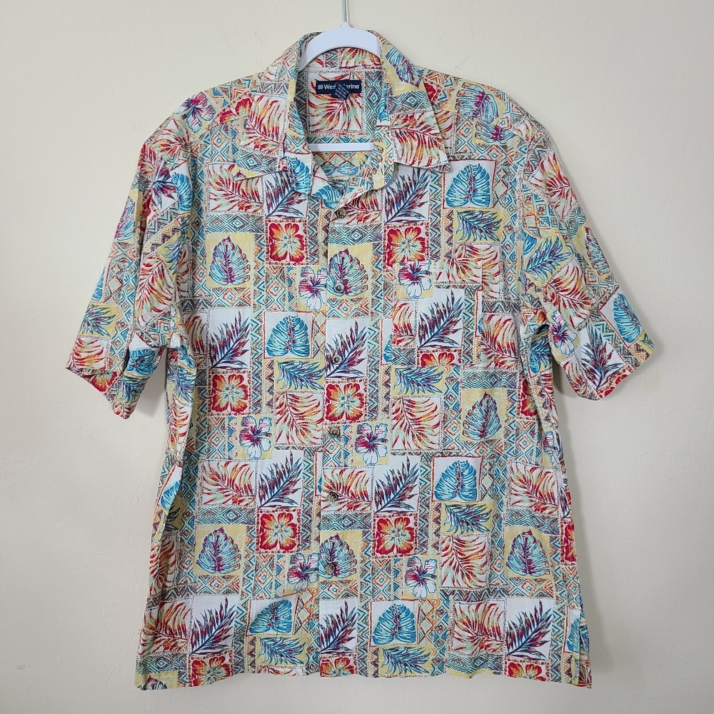 West Marine Java Palm Button Down Short Sleeve Polo Shirt Tropical Multicolor XL